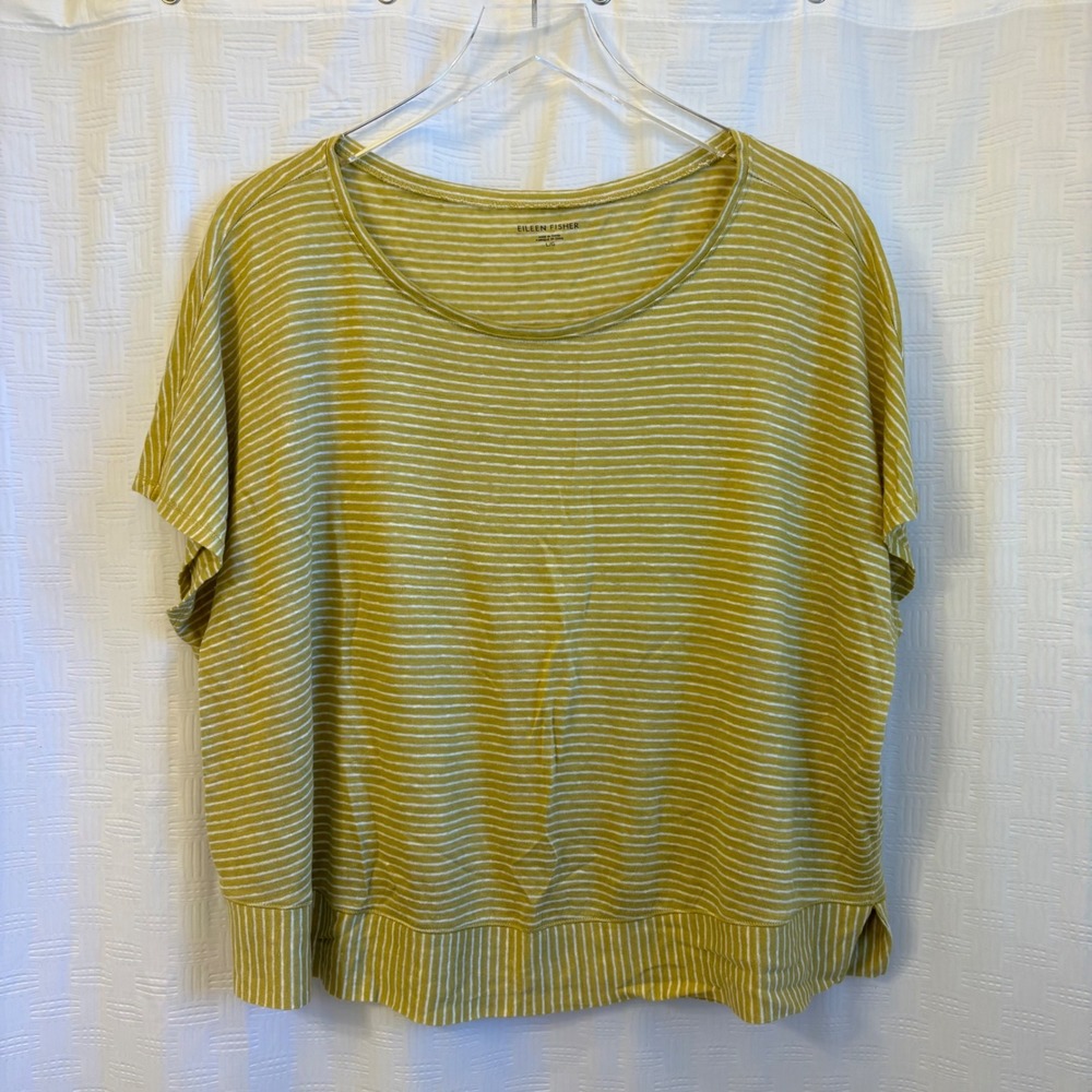 Eileen Fisher Organic Linen Striped Boxy Top Mustard Yellow White Womens Large